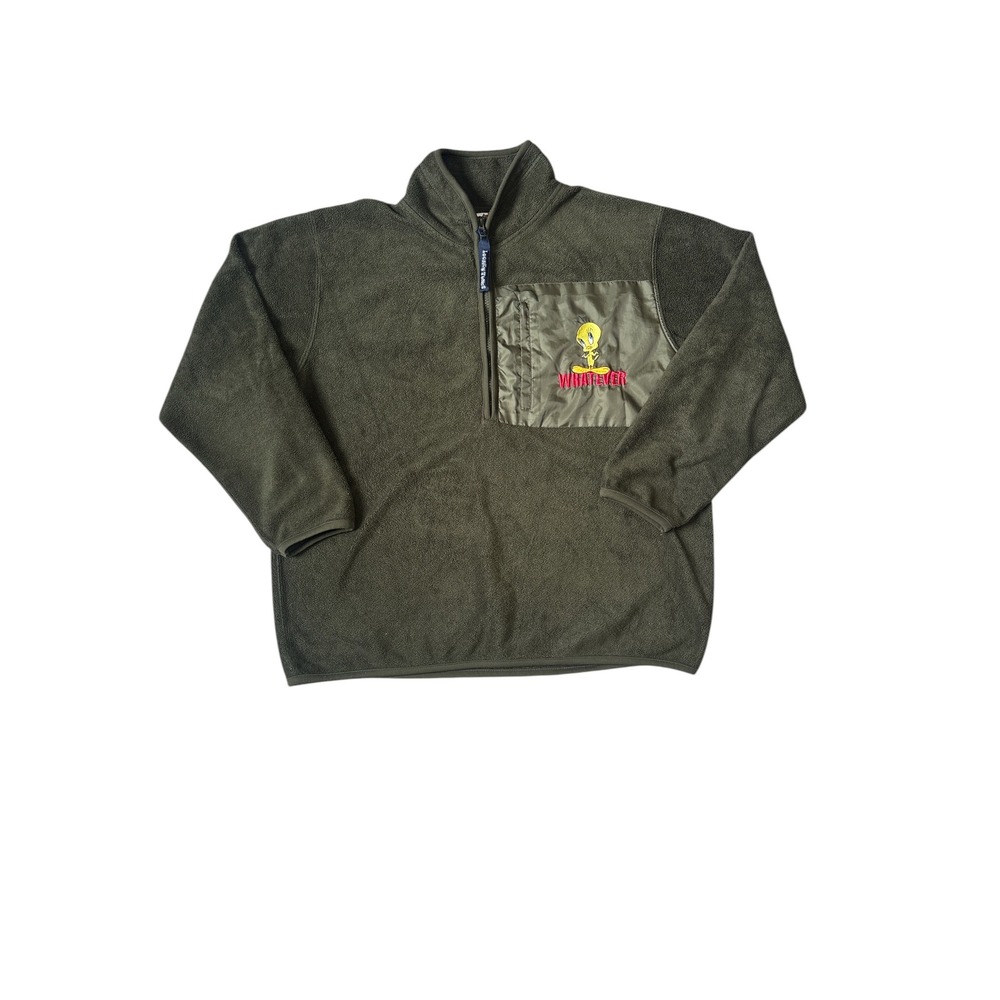 Vintage Tweety Bird Fleece Quarter Zip Pullover Sweatshirt‎ Olive Green
